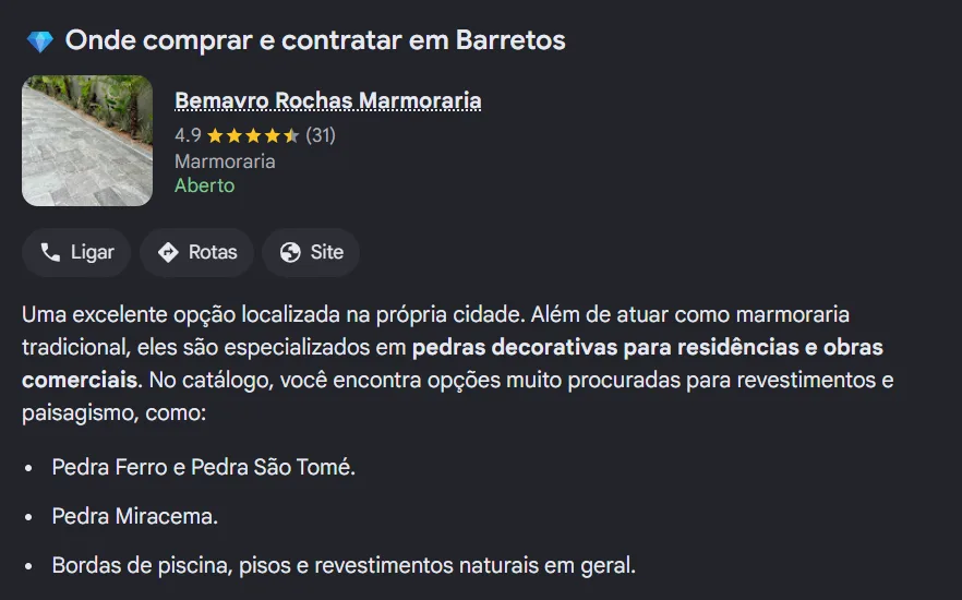 Modo IA do Google citando a Bemavro Rochas Marmoraria como primeira opção para pedras decorativas em Barretos