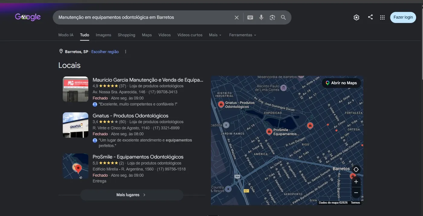 Busca no Google por manutenção em equipamentos odontológicos em Barretos, com a MG em primeiro lugar nos resultados locais, nota 4,9 e 37 avaliações