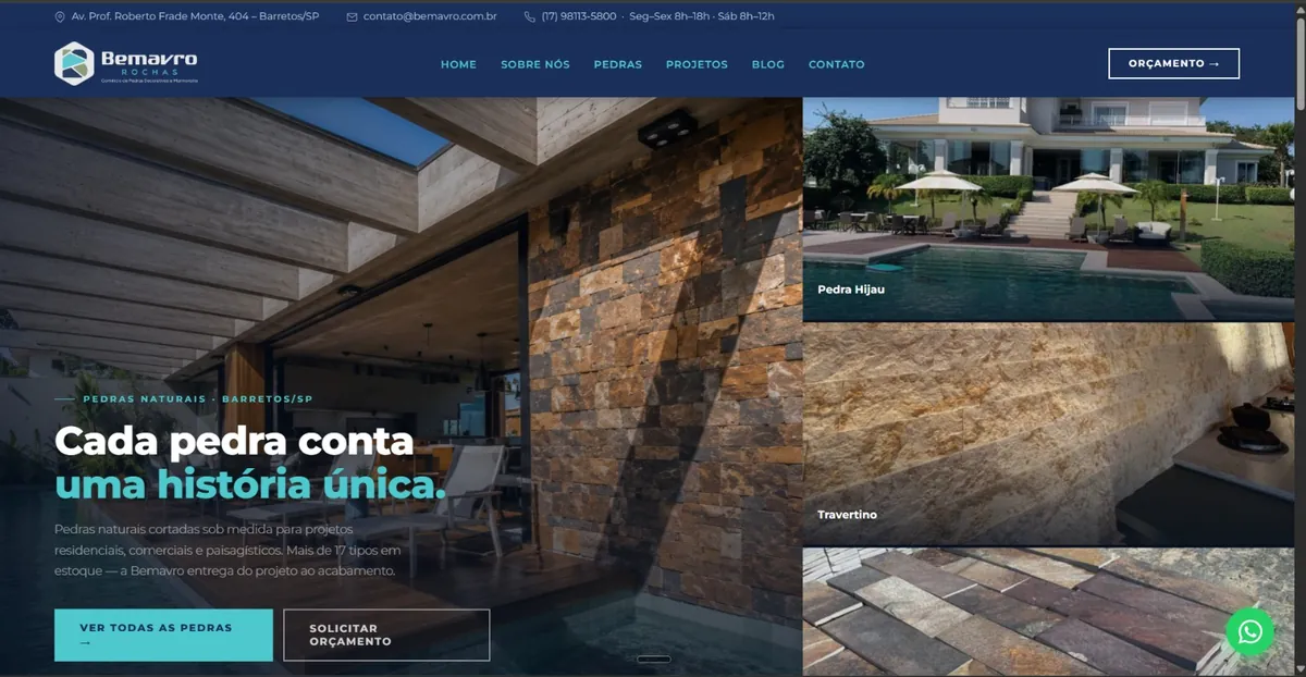 Página inicial do site da Bemavro Rochas