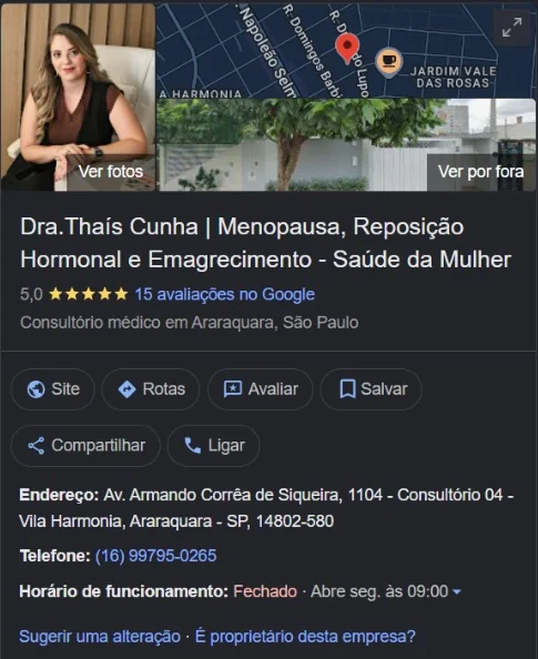Perfil no Google com nota 5,0 e 15 avaliações no dia do print